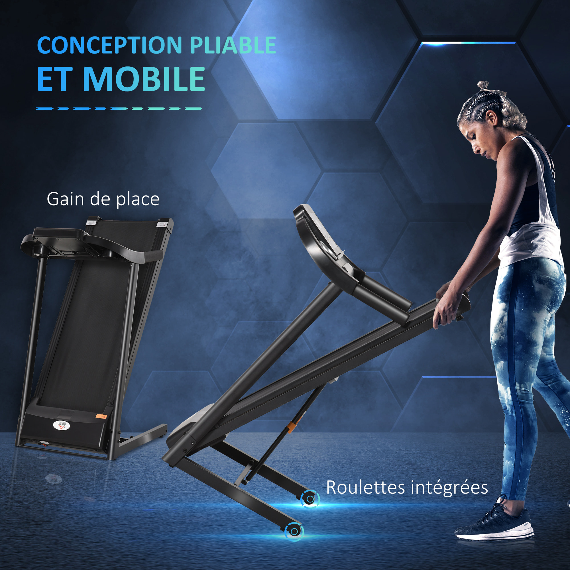 Tapis de course électrique pliable 500 W - V. max. 12 Km/h - écran LED multifonction - 12 programmes - 2 porte-gobelets - support smartphone - acier ABS noir