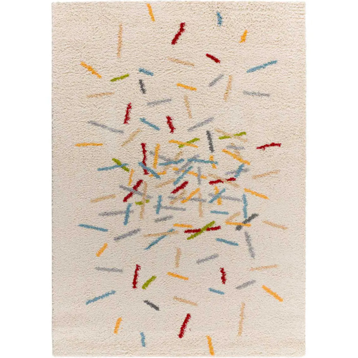 BREMEN Alfombra shaggy geométrica en blanco y motivos multicolor, varias medidas disponibles