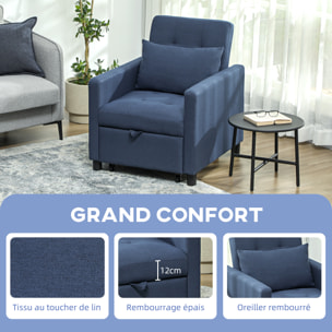 Fauteuil chauffeuse canapé-lit convertible 1 place dossier inclinable 3 positions coussin inclus polyester coton bleu