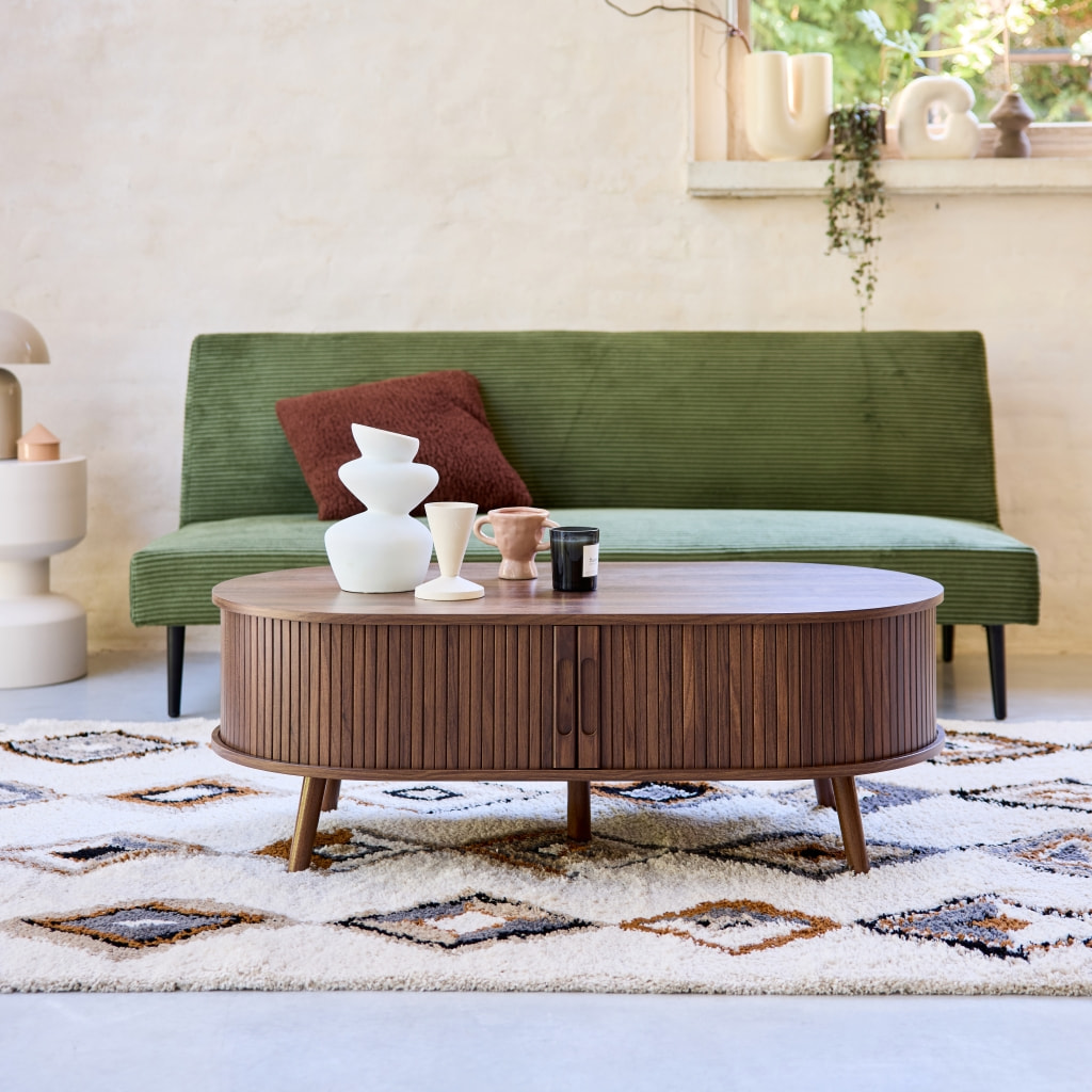 Table basse scandinave décor bois rainuré 2 portes coulissantes LEGACY