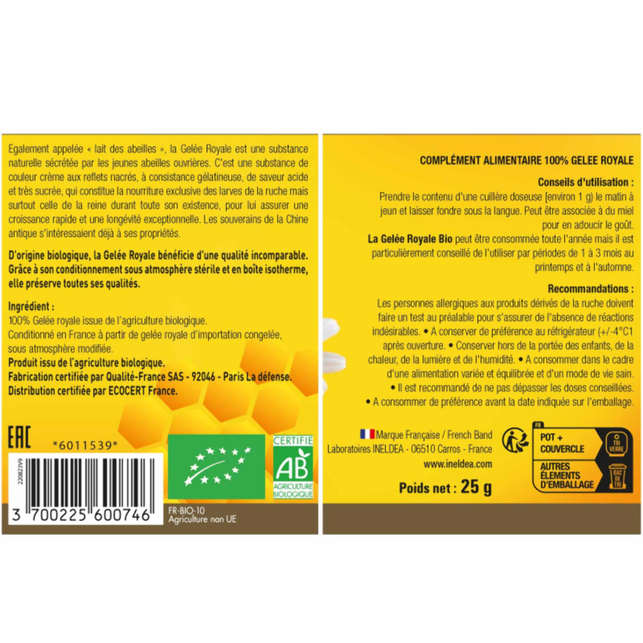 NUTRI EXPERT - Gelée Royale Bio Ecocert - 100% pure - Conditionnée en boîte isotherme sous atmosphère stérile - Renforce l'immunité - Réduit la fatigue - Pot de 25g avec cuillère doseuse intégrée