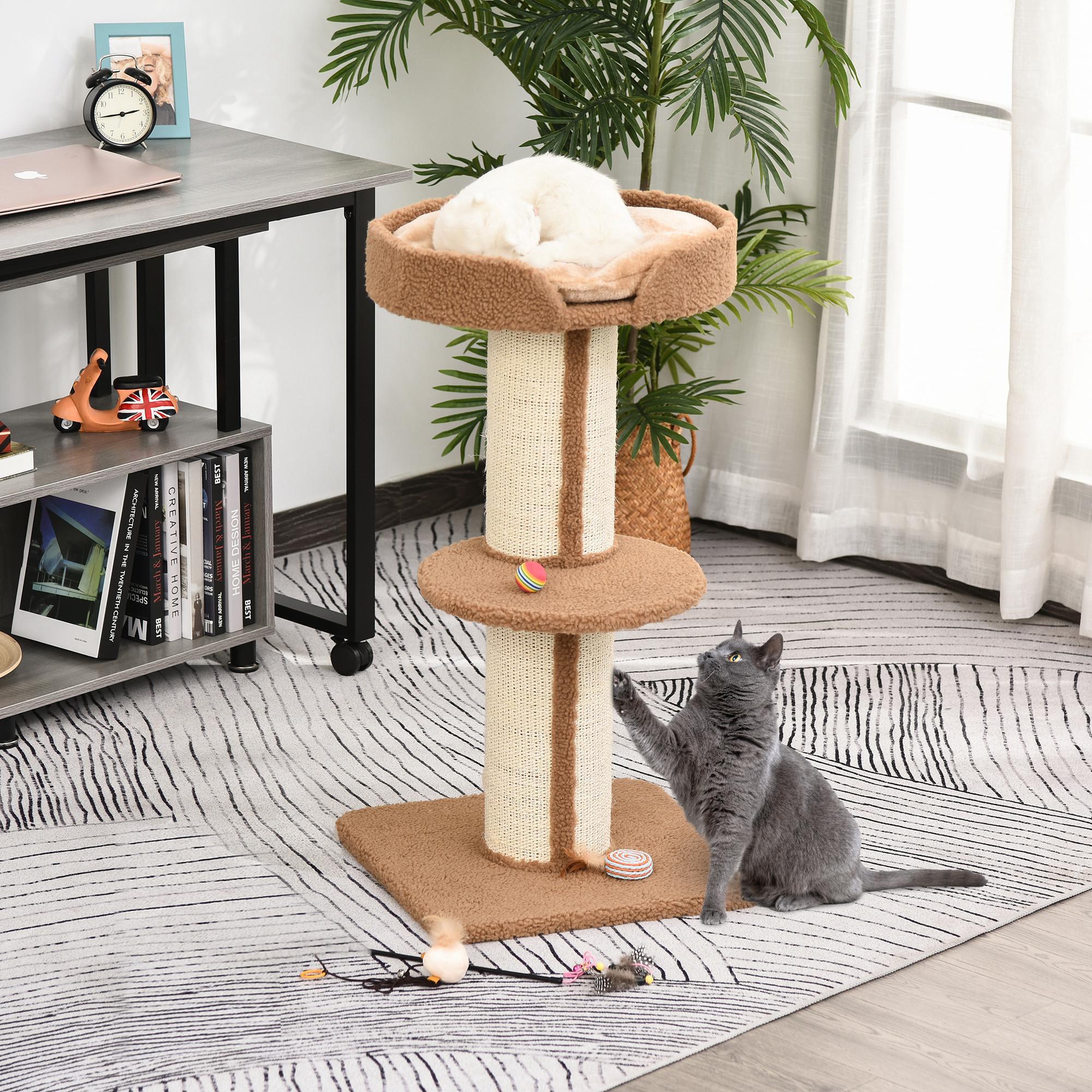 Árbol Rascador para Gatos Altura 91 cm Árbol para Gatos Torre para Gatos de 3 Niveles con Nido Plataforma y Poste de Sisal 45x45x91 cm Marrón