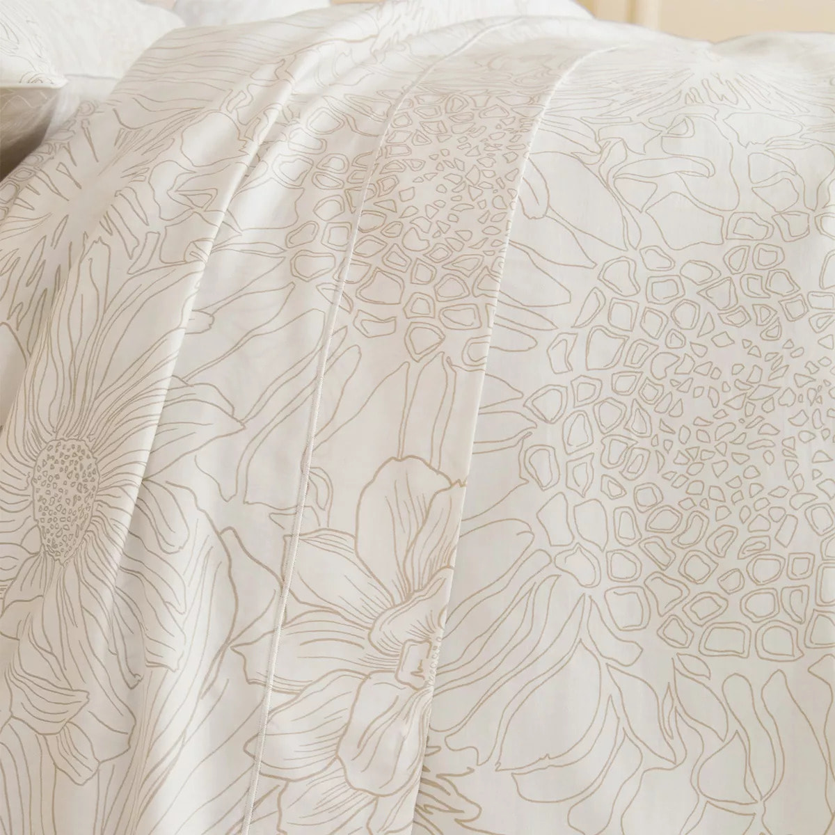 Drap plat satin de coton imprimé blanc beige Flower power white