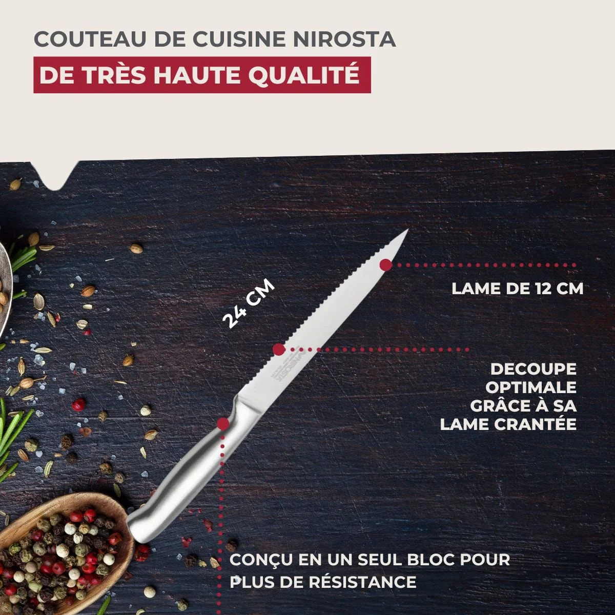 Couteau de cuisine professionnel 24 cm lame crantée Nirosta Star