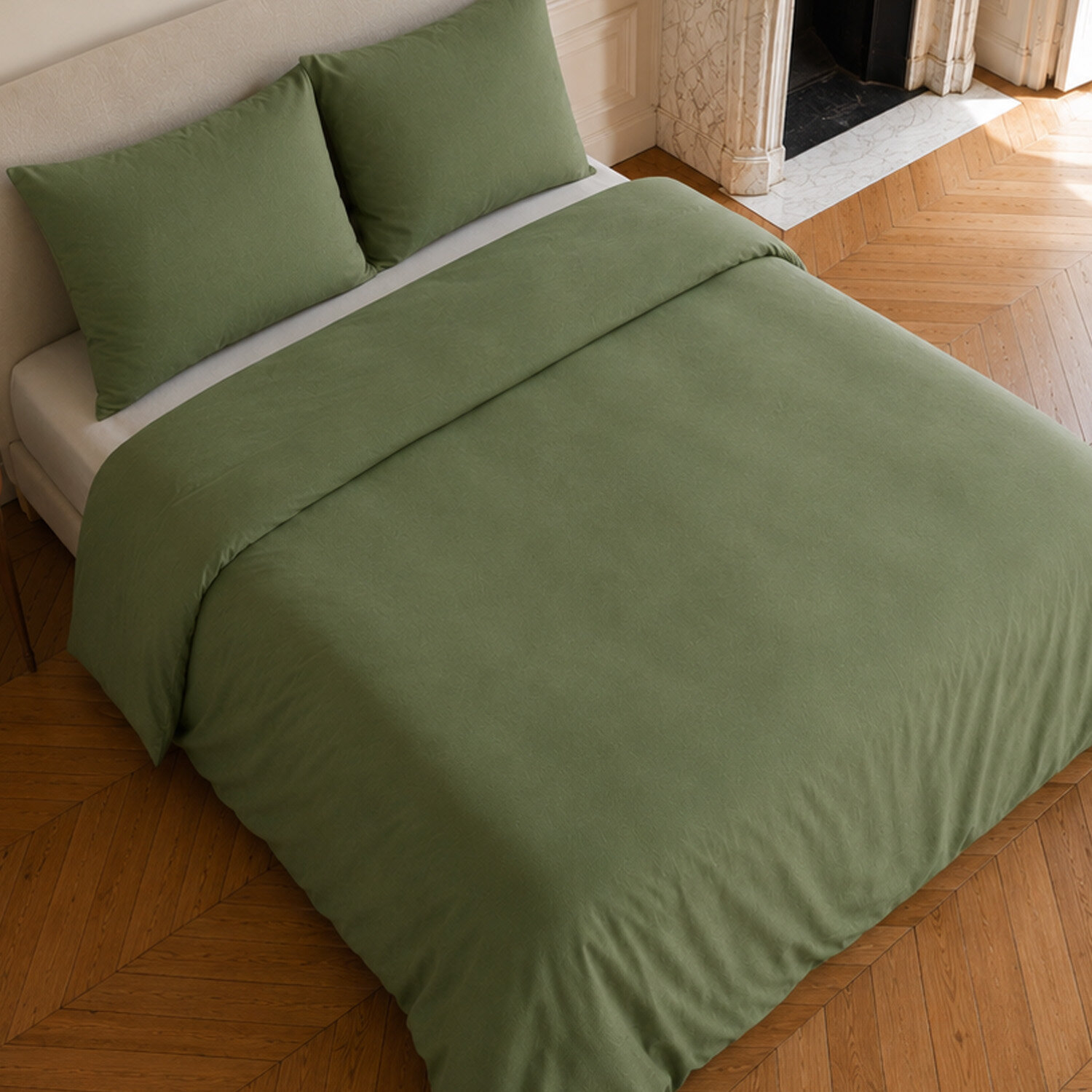 Parure housse de couette coton/lin unie vert kaki, HAVEN