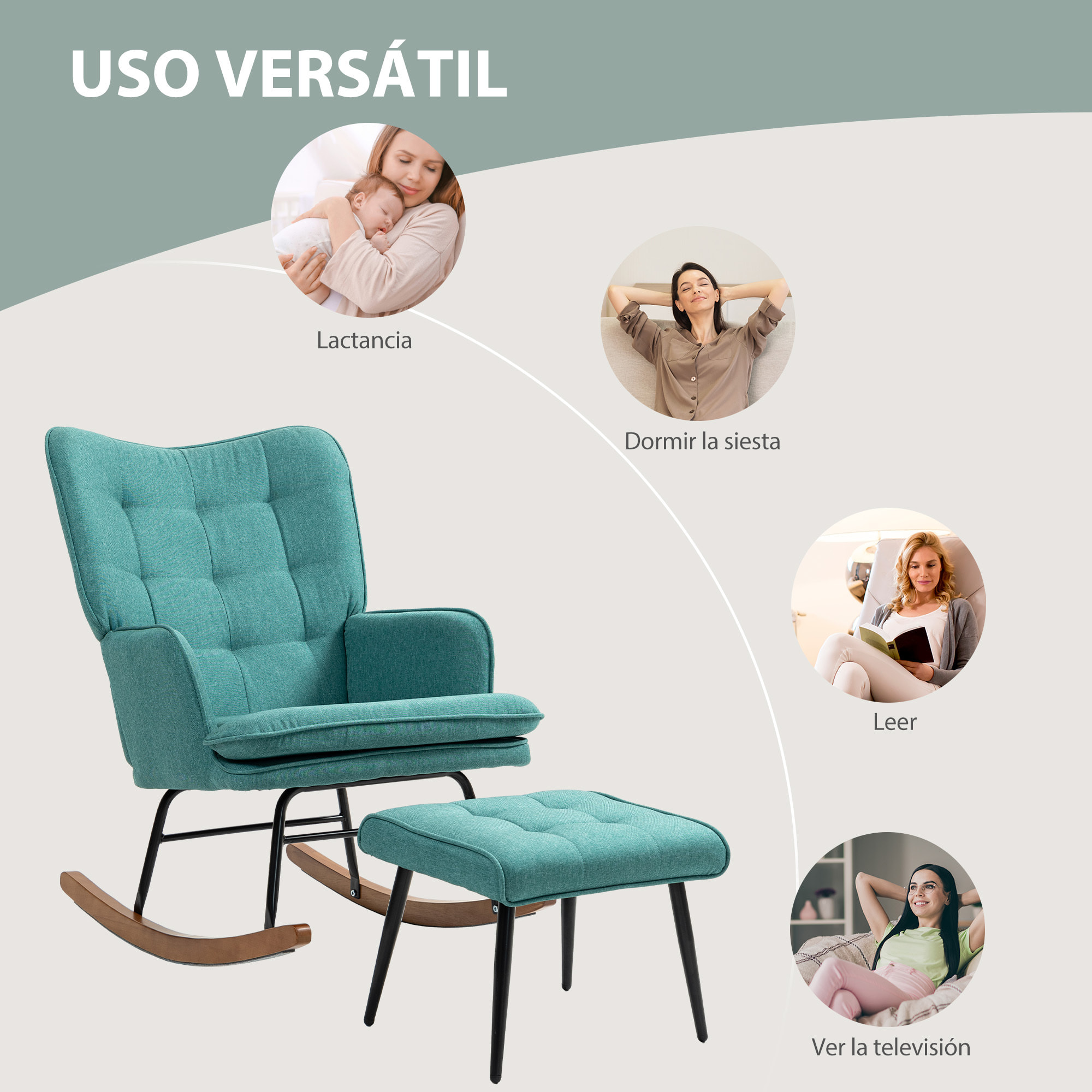 Silla Mecedora con Reposapiés, Sillón de Relax, con Cojín Acolchado, Respaldo Alto, Reposabrazos y Patas de Madera, Carga 130 kg, para Salón, Dormitorio, Verde Azulado