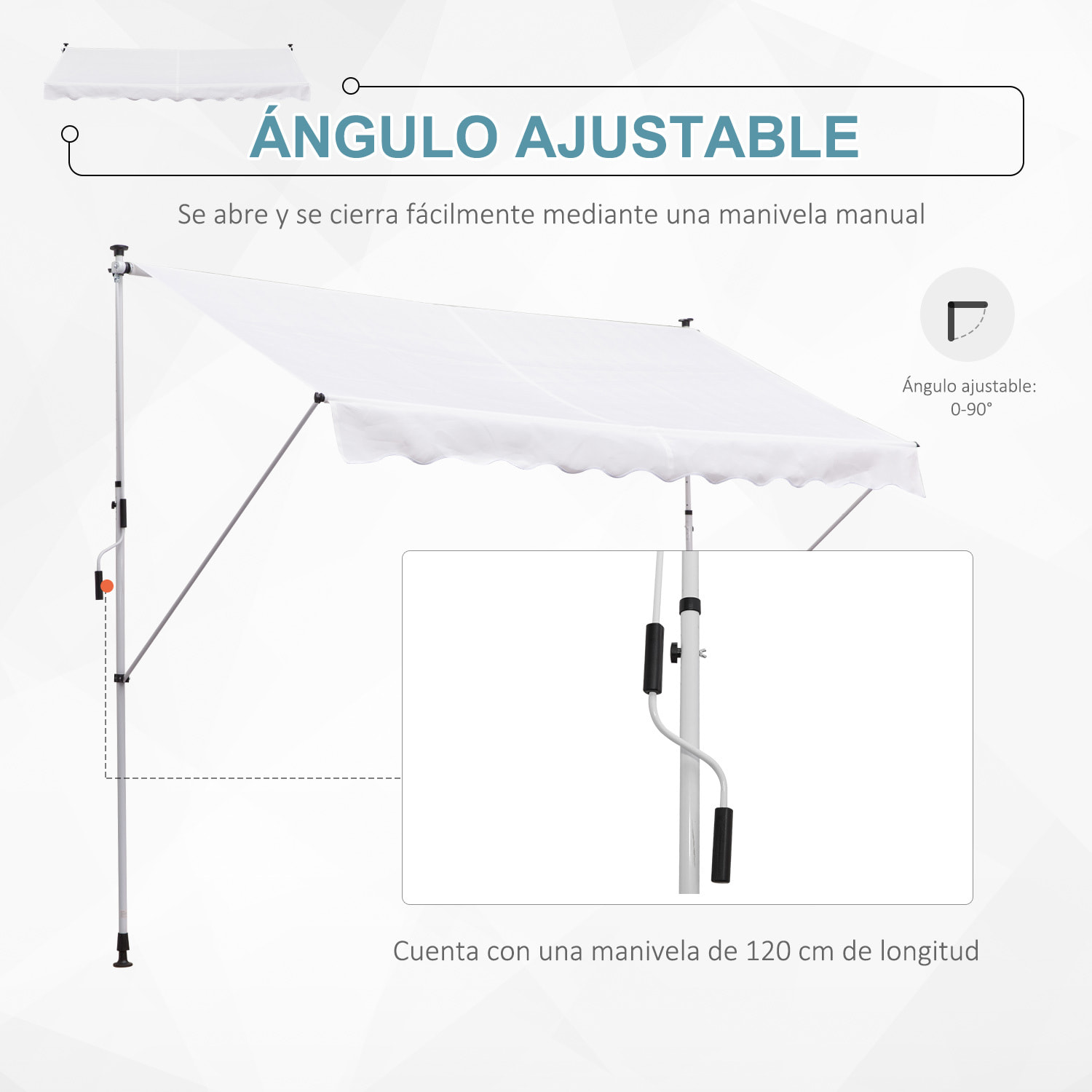 Toldo Manual Retráctil Exterior 300x150x170-280 cm Enrollable Manivela Blanco