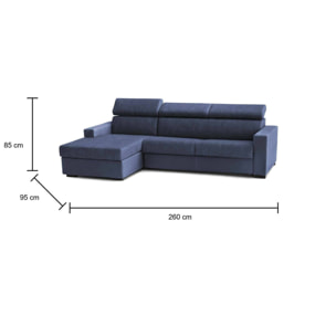 Divano fisso Eliana, Divano ad angolo, 100% Made in Italy, Sofà Soggiorno con chaise longue, in tessuto imbottito - Penisola contenitore Sinistra, con Braccioli slim, Cm 260x95h85, Blu