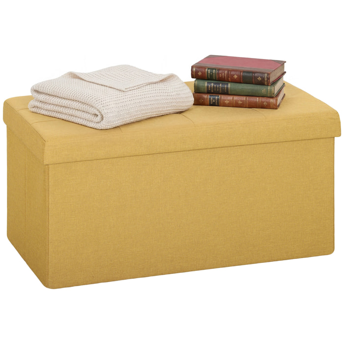 Puff Almacenaje, Banco Almacenaje Plegable, 84 L, 76x38x38 cm, Tapizado en Lino Sintético, Baúl de Almacenamiento, Carga 120 kg, Taburete para Sala de Estar, Dormitorio, Entrada, Amarillo