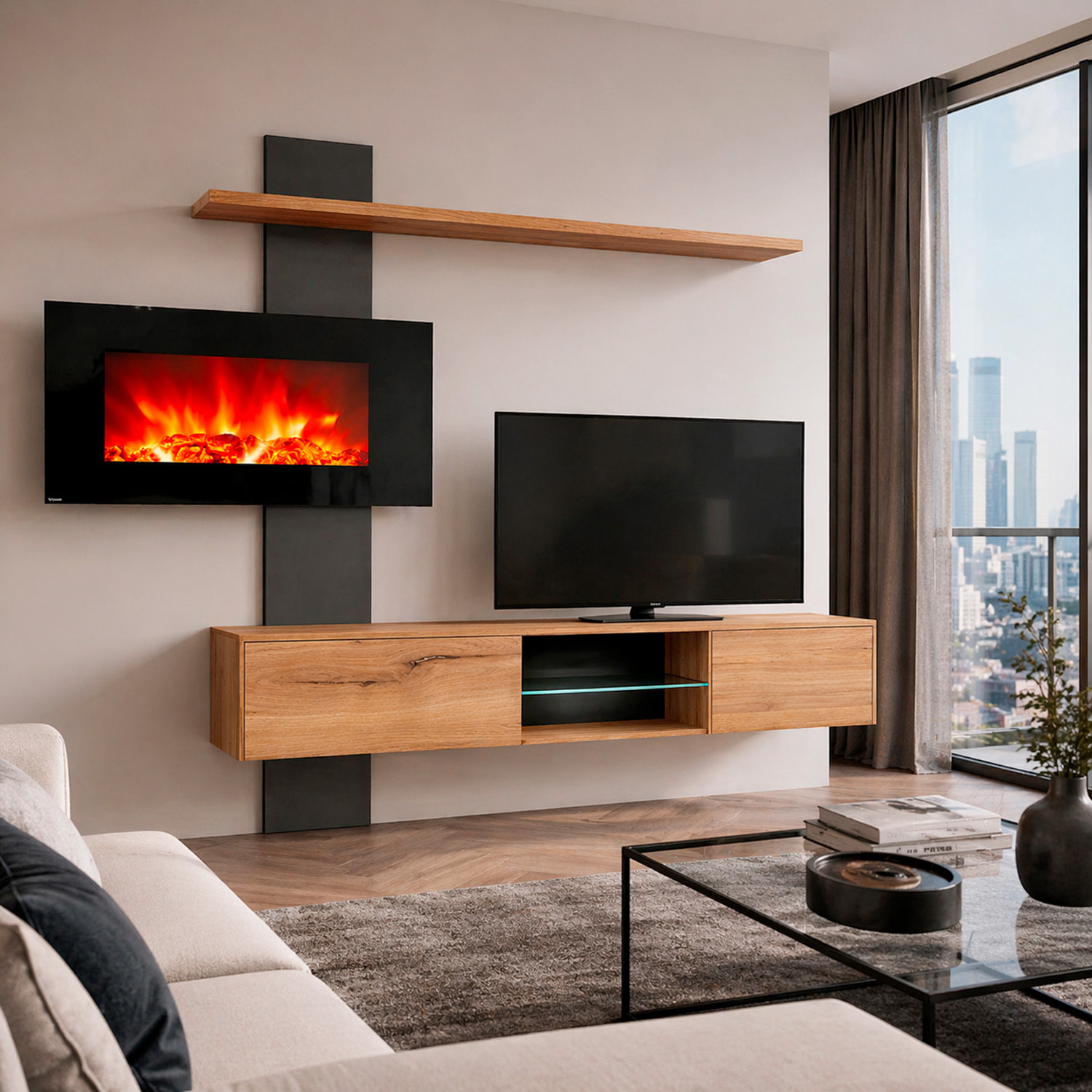 Parete Attrezzata Soggiorno Mobile Tv Biocamino Led Mensola Design Living Arredo Casa Contenitore Vetro Push Click 250x170x40 Cm Rovere E Antracite