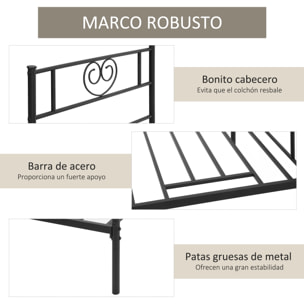 Marco de Cama Individual de Metal 31 cm para Colchón 90x190 cm con Cabecera Forma de Corazón Estructura de Cama con Espacio Bajo de Almacenamiento 95x196x100 cm Negro
