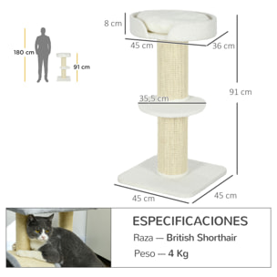 Árbol Rascador para Gatos Altura 91 cm Árbol para Gatos Torre para Gatos de 3 Niveles con Nido Plataforma y Poste de Sisal 45x45x91 cm Crema