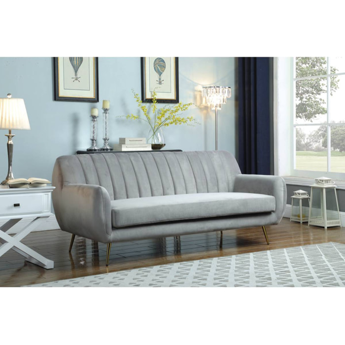 Canapé fixe en velours "Evans" - 195 x 84 x 82 cm - 3 places - Gris