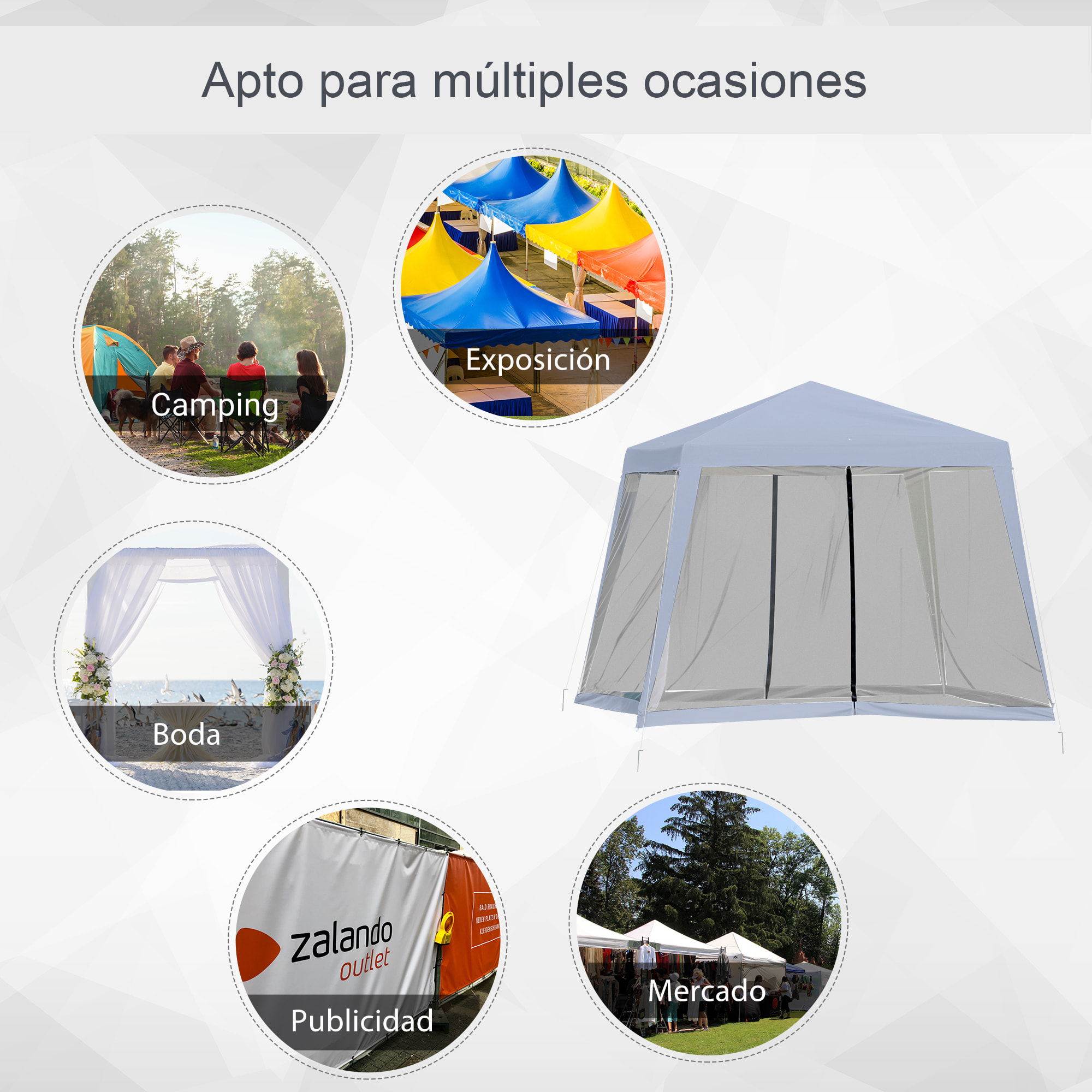 Carpa de Jardín 3x3 m con 4 Paredes Laterales Mosquitera con Cremallera Gris