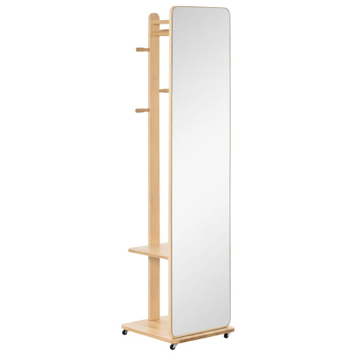 Miroir sur pied avec roulettes - portant, 4 patères étagère MDF aspect bois clair