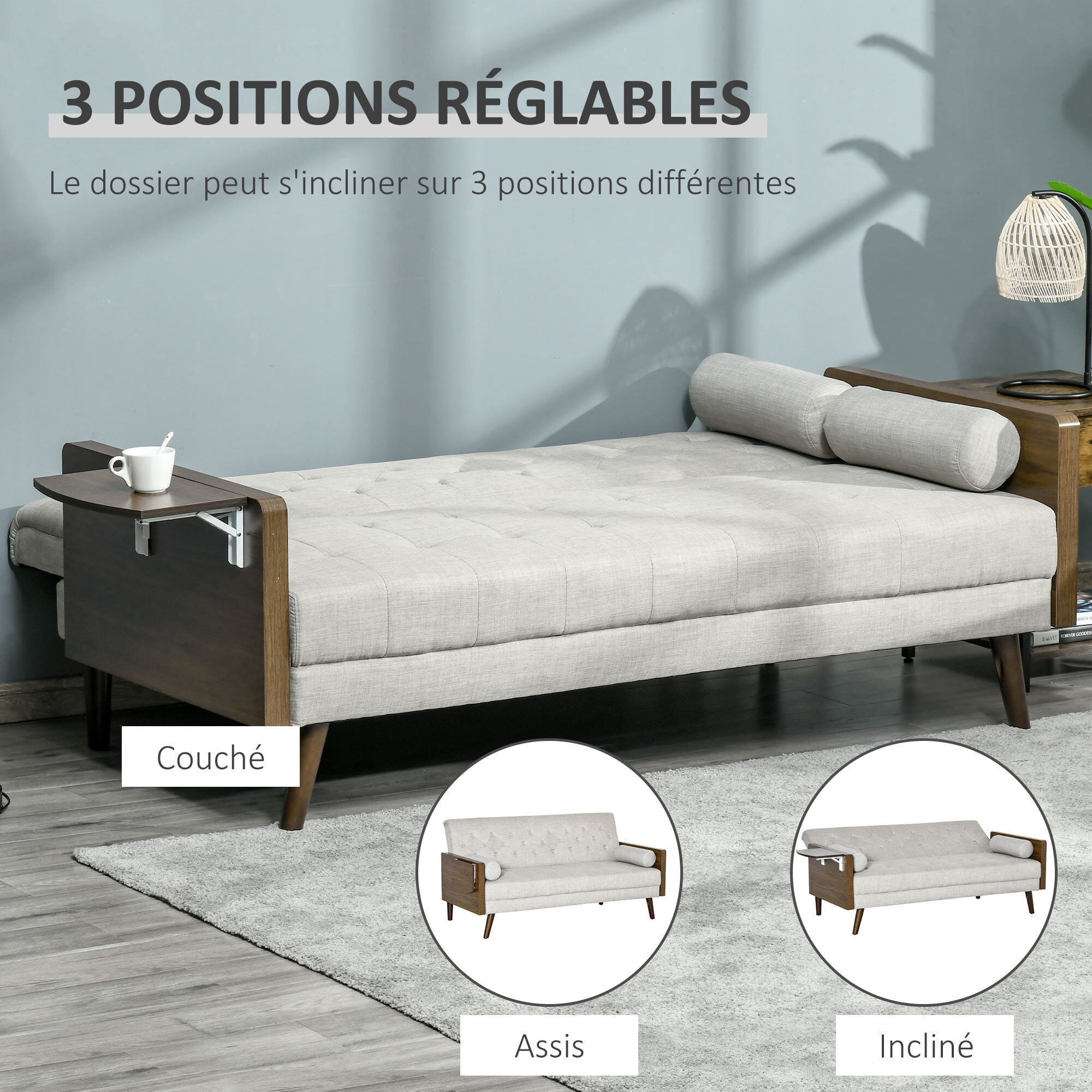 Canapé convertible 3 places design scandinave dossier inclinable 3 positions tablette rabattable 2 coussins inclus pieds effilés bois eucalyptus fumé tissu coton polyester aspect lin beige