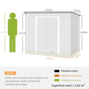 Caseta de Jardín Exterior 3,2 m² 280x130x172 cm Cobertizo de Jardín Exterior con Puerta Corredera Techo Inclinado Base Refuerzo (Suelo NO Incluido) y 2 Ventanas Gris Claro