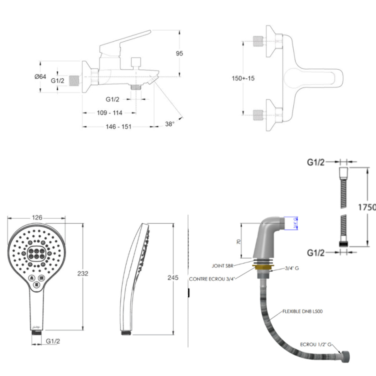 Mitigeur baignoire Aimé + pommeau de douche Metro signature + flexible de douche métal + colonnettes Idro'Flex