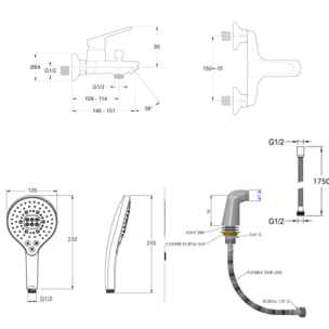 Mitigeur baignoire Aimé + pommeau de douche Metro signature + flexible de douche métal + colonnettes Idro'Flex