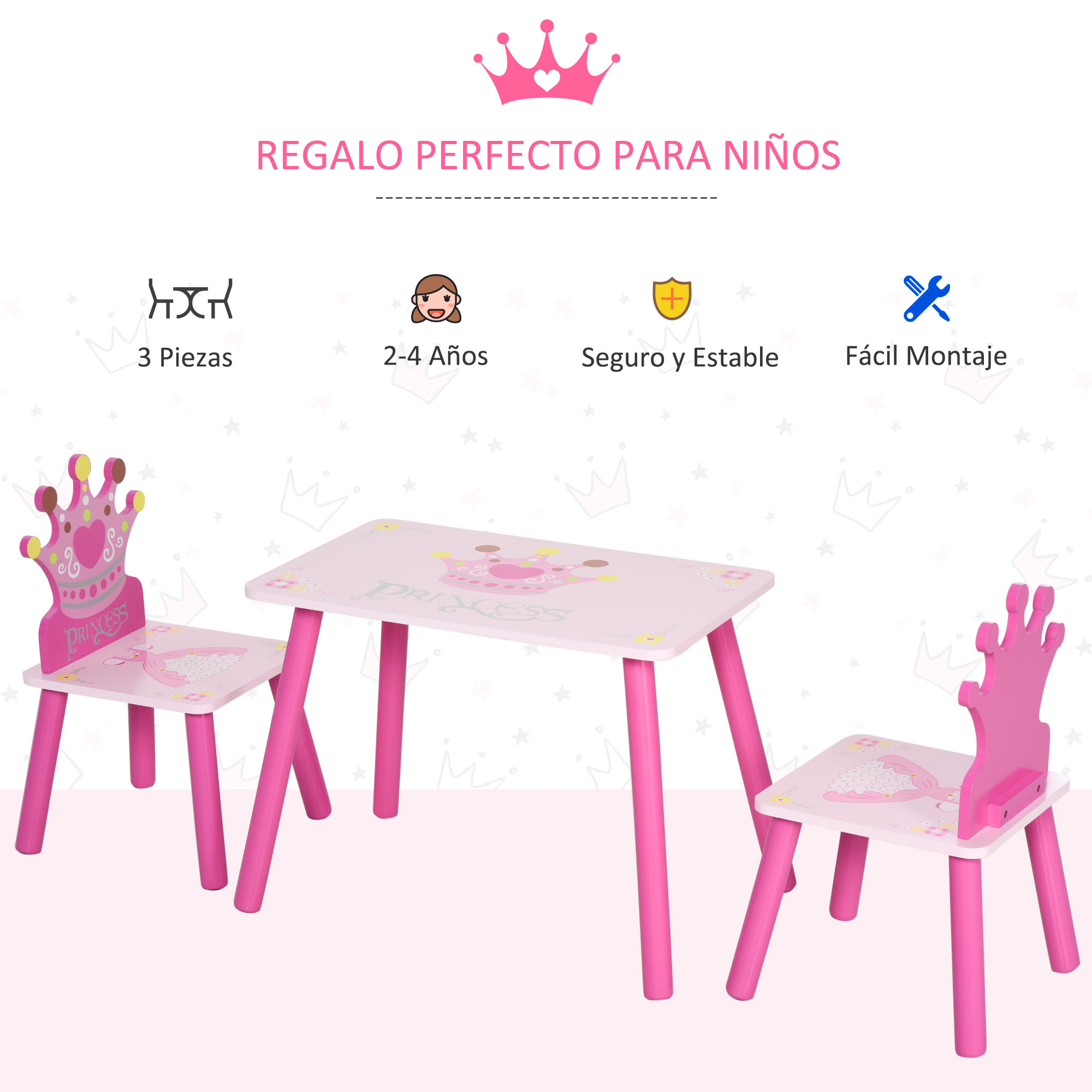 Juego de Mesa y 2 Sillas Infantiles de Madera Set de Mesa 55x34x42 cm Sillas 28x26x50 cm para Niños + 3 Años para Dormitorio Color Rosa