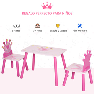 Juego de Mesa y 2 Sillas Infantiles de Madera Set de Mesa 55x34x42 cm Sillas 28x26x50 cm para Niños + 3 Años para Dormitorio Color Rosa