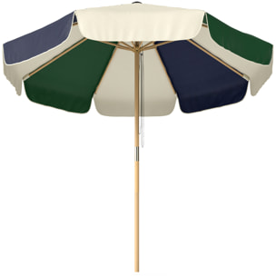 Sombrilla Terraza Exterior, Ø2,3 m, Sombrilla de Jardín con Marco de Efecto Madera, Polea con Cuerda, Dosel Bicolor, UPF30+, Parasol para Playa, Patio, Terraza, Verde Oscuro