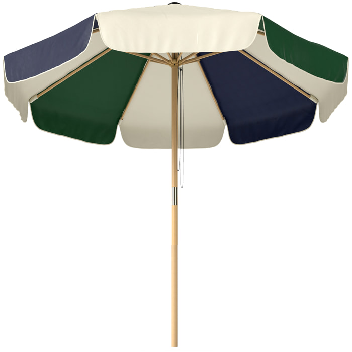 Sombrilla Terraza Exterior, Ø2,3 m, Sombrilla de Jardín con Marco de Efecto Madera, Polea con Cuerda, Dosel Bicolor, UPF30+, Parasol para Playa, Patio, Terraza, Verde Oscuro