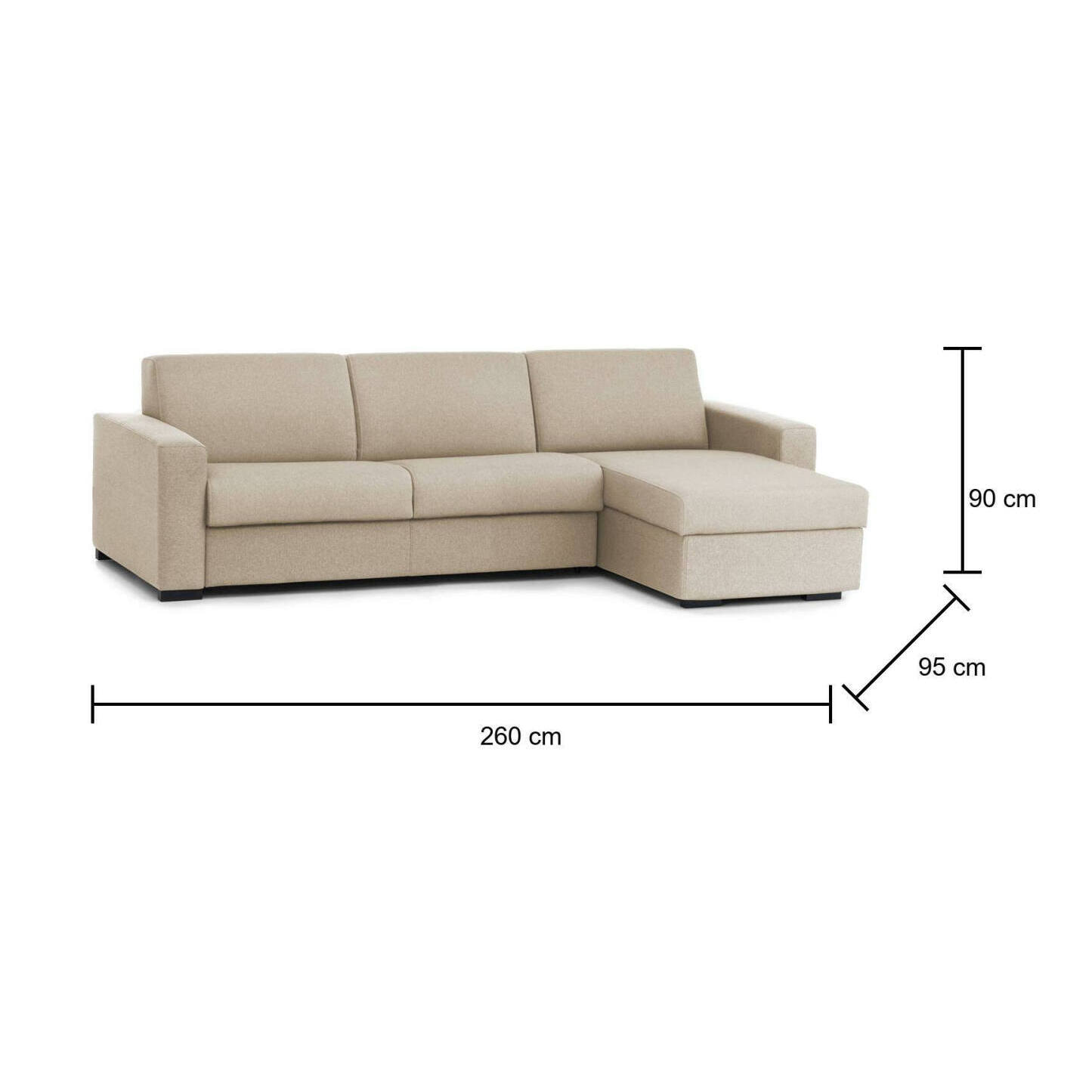 Divano Letto Alisea, Divano ad angolo, 100% Made in Italy, Sofà con apertura girevole, con Penisola contenitore reversibile, con Braccioli slim, Cm 260x95h90, Beige