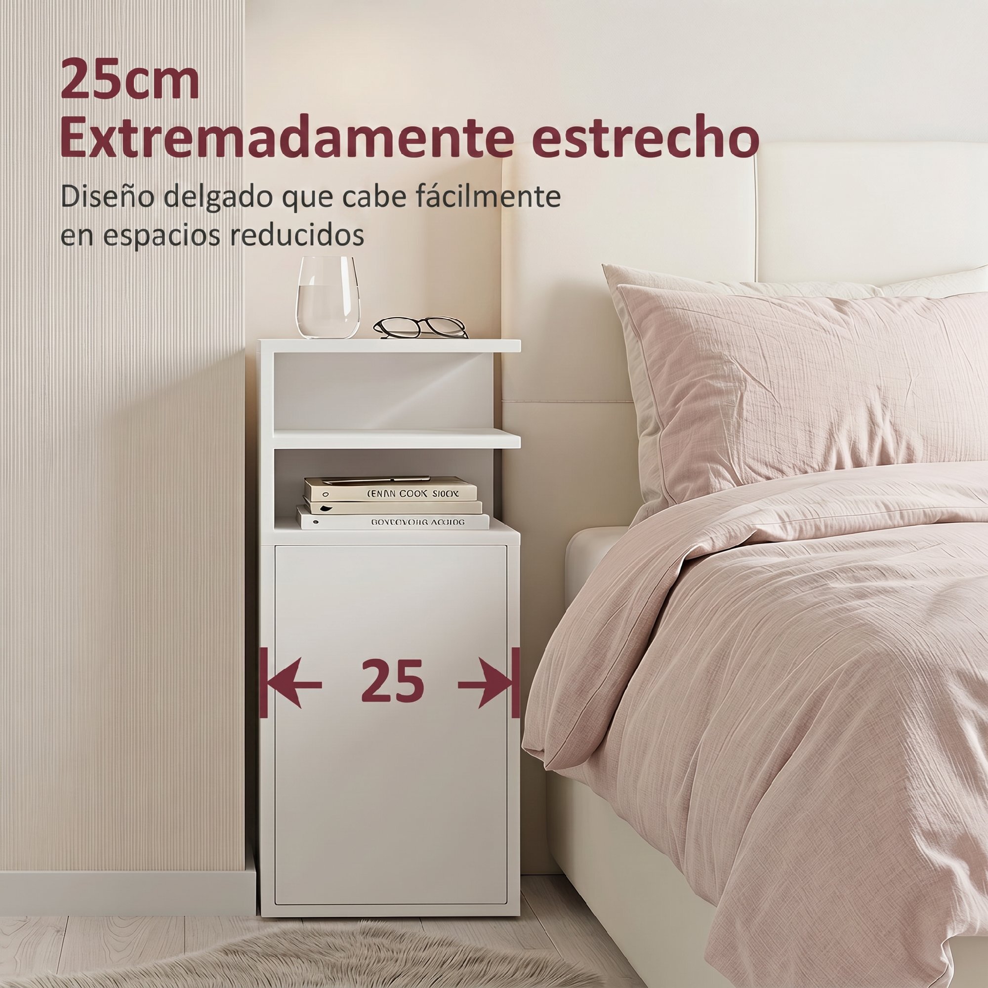 Mesitas de Noche Estrechas, Juego de 2, Mesillas de Noche Dormitorio con Puerta, Compartimentos Abiertos, Mesa Auxiliar para Salón, Espacios Reducidos, 25x30x60 cm, Blanco