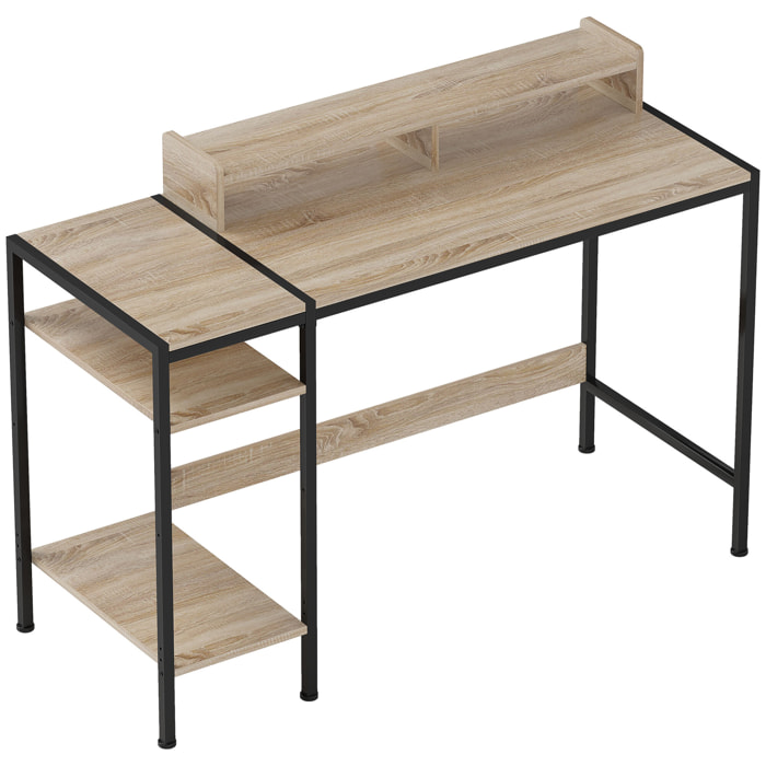 Bureau informatique style industriel - grand plateau 120 cm avec réhausseur - 2 étagères - acier noir effet chêne clair