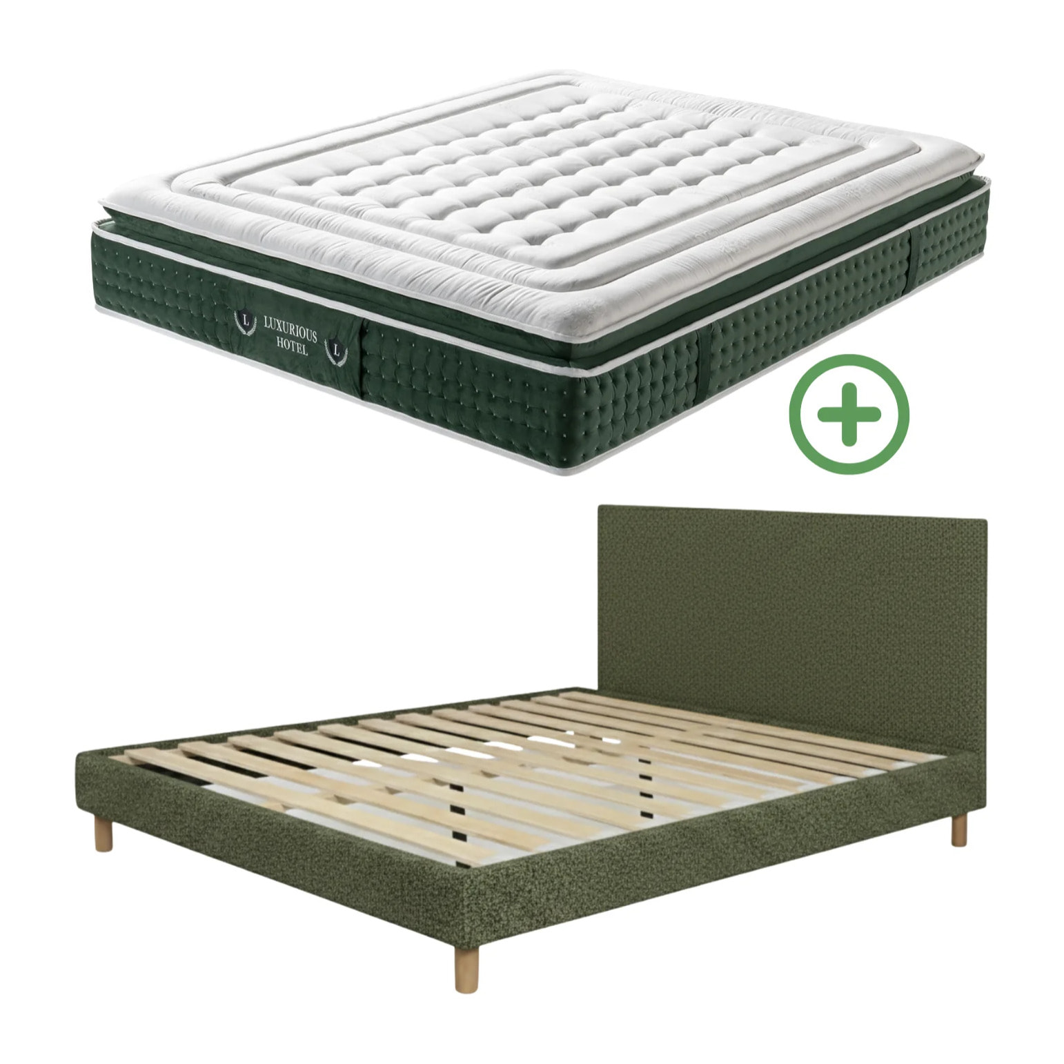 Ensemble matelas Jade & lit fixe Colisée | Mémoire de forme et ressorts ensachés | cadre à lattes | Velours côtelé | Bleu nuit