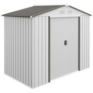 Cobertizo de Jardín 2,5m² con Base de Refuerzo Sin Suelo 213x130x185 cm Caseta de Jardín Exterior con 2 Puertas Correderas y 4 Ventanas para Almacenamiento de Herramientas Blanco