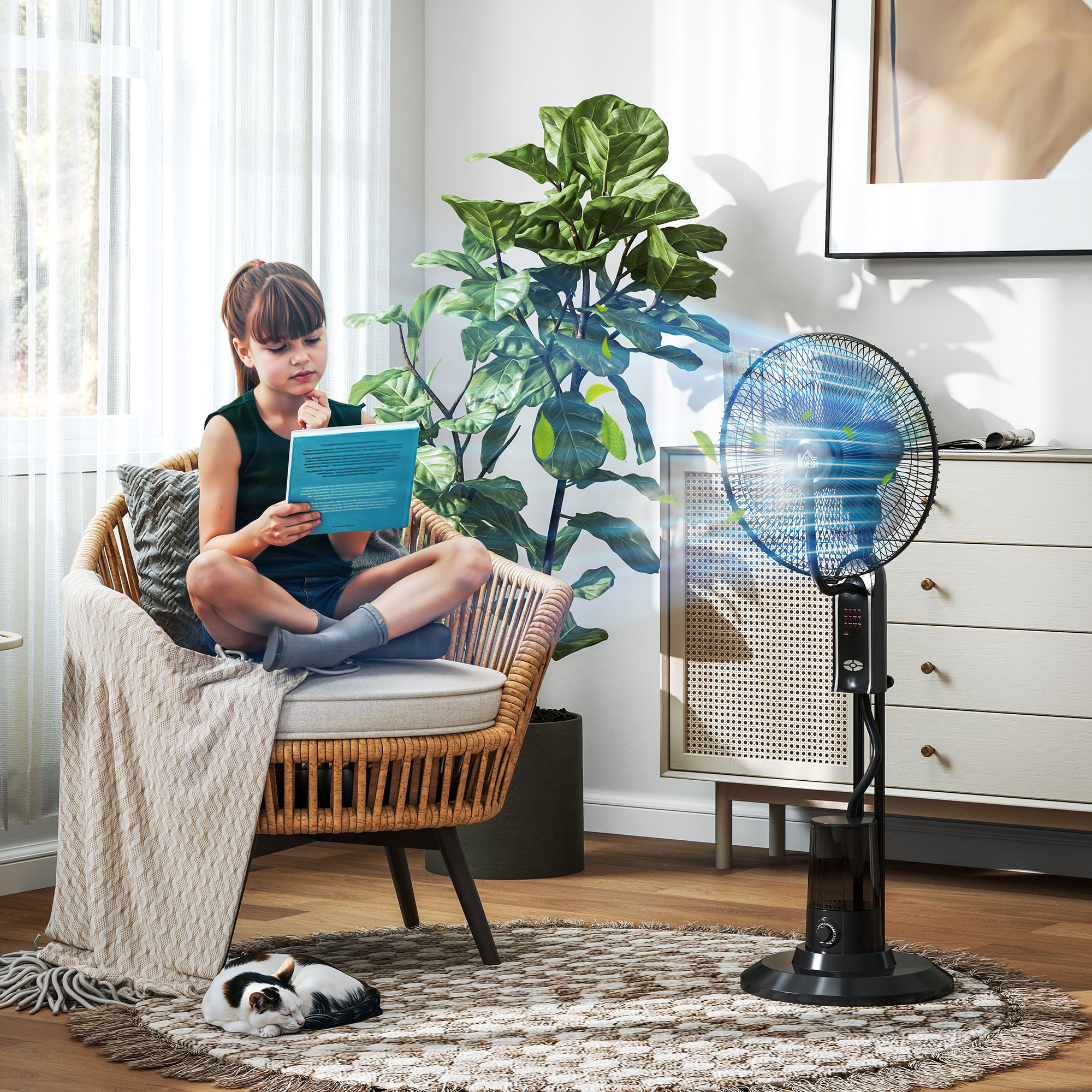 Ventilador Nebulizador Ventilador de Pie con Agua Oscilante 75 W Temporizador Tanque 3,2L Mando a Distancia 3 Velocidades 3 Aspas y Pantalla LED Ø44,5 cm Negro