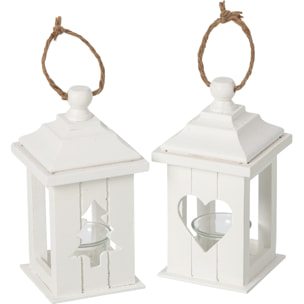 J-Line Lanterne - bois de sapin - blanc - assortiment de 2