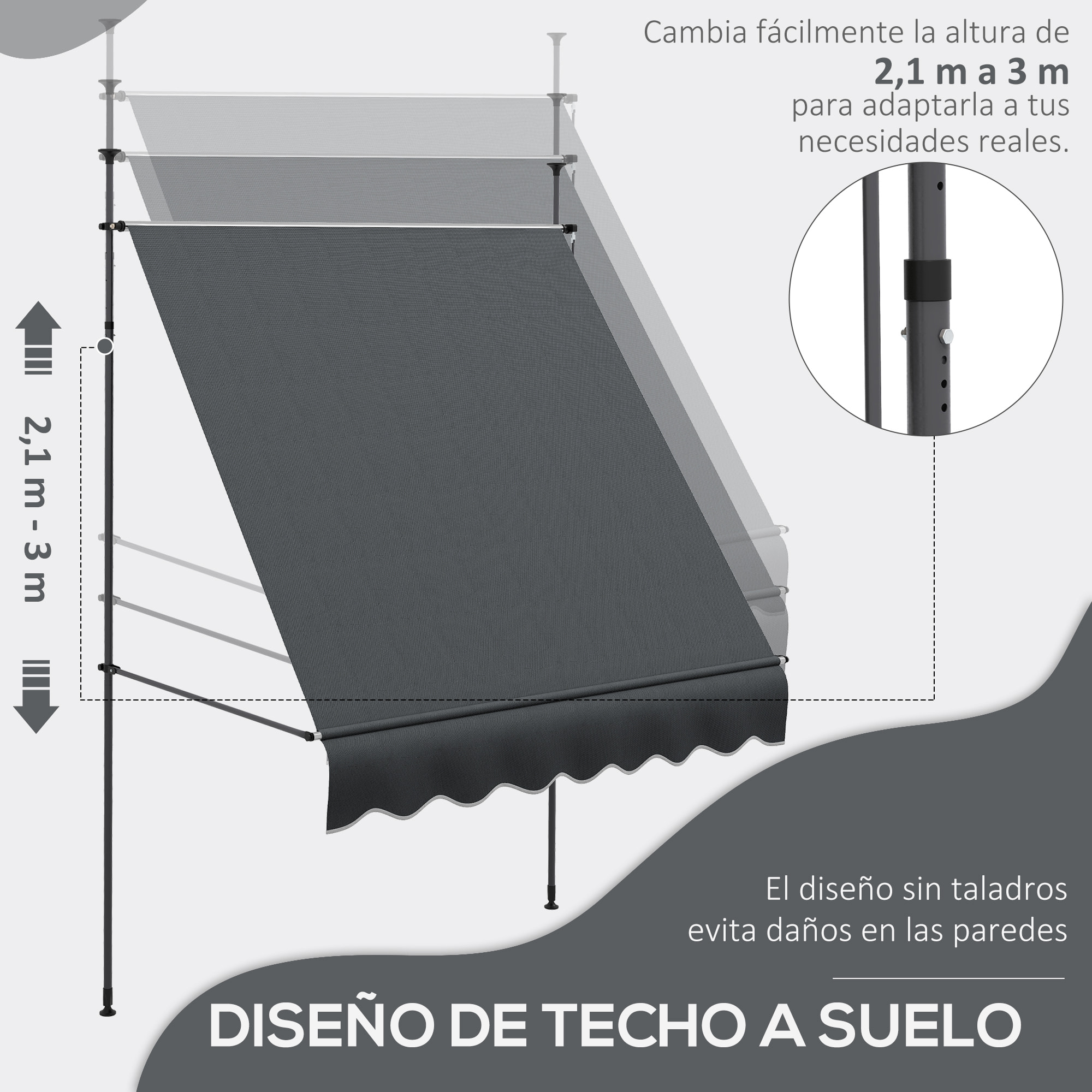 Toldo Manual Retráctil con Manivela 200x120x210-300 cm Toldo para Balcón con Altura Ajustable Impermeable y Anti-UV para Jardín Terraza Gris Oscuro