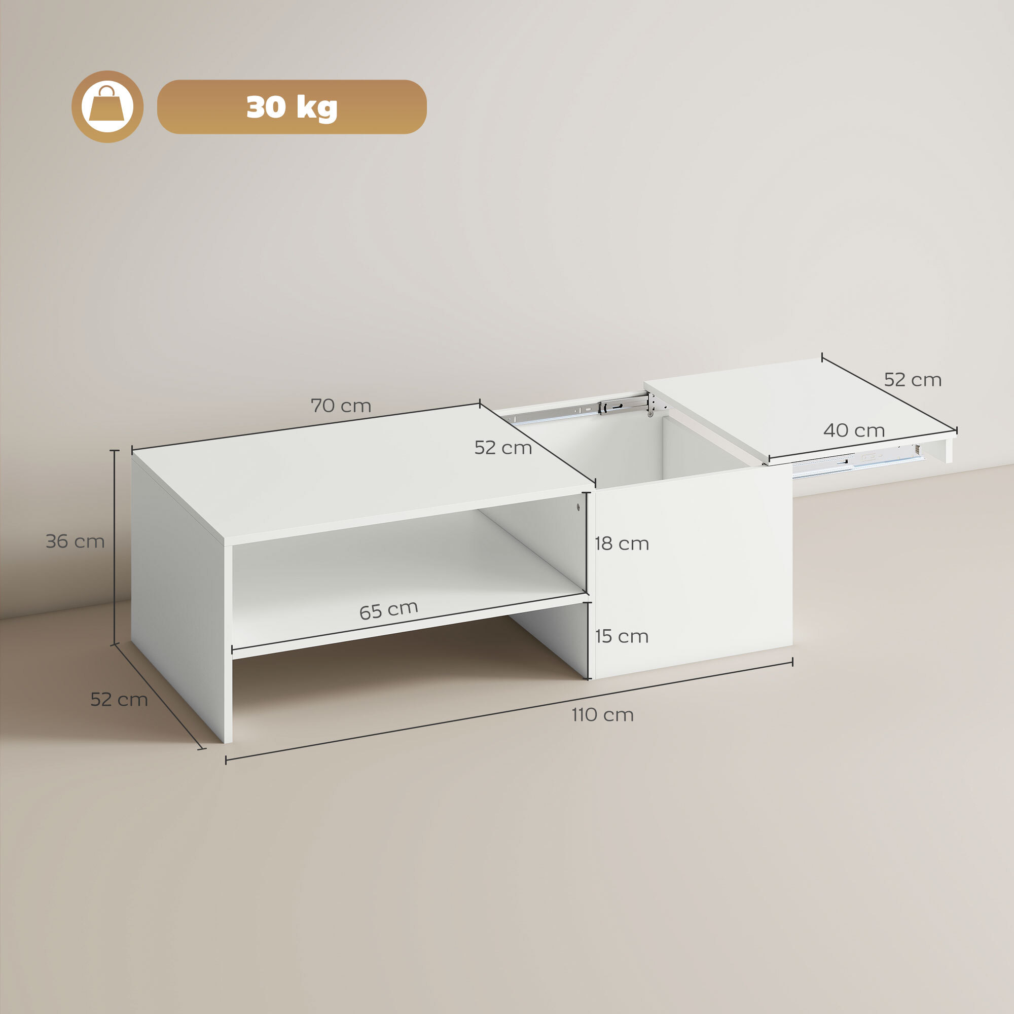 Mesa de Centro con Tablero Deslizante, Mesa baja para Salón Moderna con Compartimento Oculto, Estante Abierto, Mesa de Café para Comedor, Oficina, 110x52x36 cm, Blanco