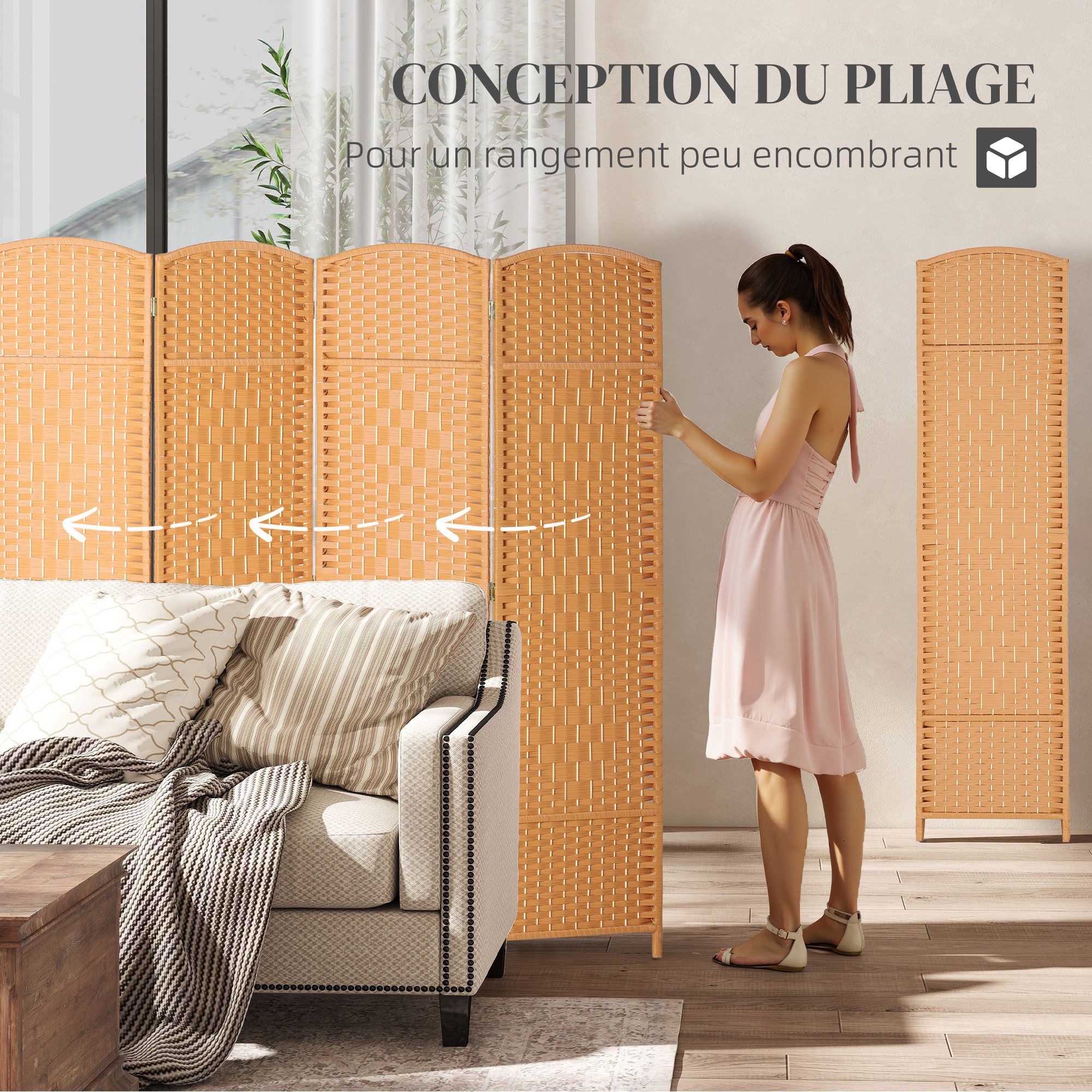 Paravent intérieur en bois 4 panneaux 180 x 180 cm séparateur de pièce pliable bois orangé