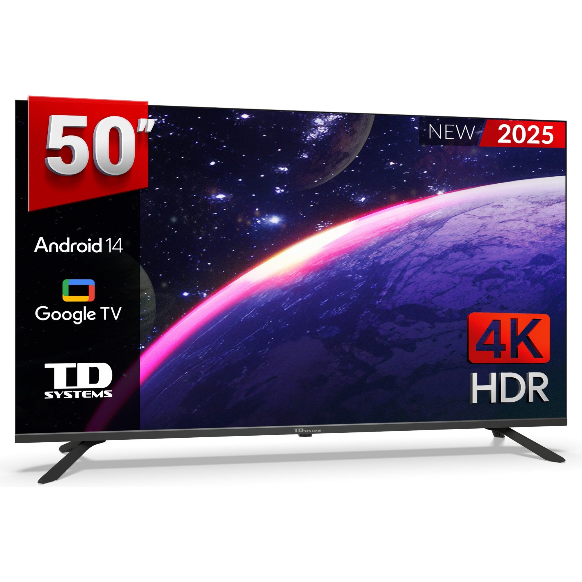 Smart TV 50 pulgadas 4K Hey Google Official Assistant con control por voz. Televisor Android 14 - TD Systems M50K21GLE