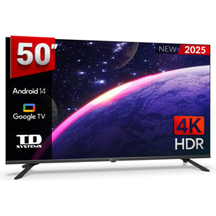 Smart TV 50 pulgadas 4K Hey Google Official Assistant con control por voz. Televisor Android 14 - TD Systems M50K21GLE