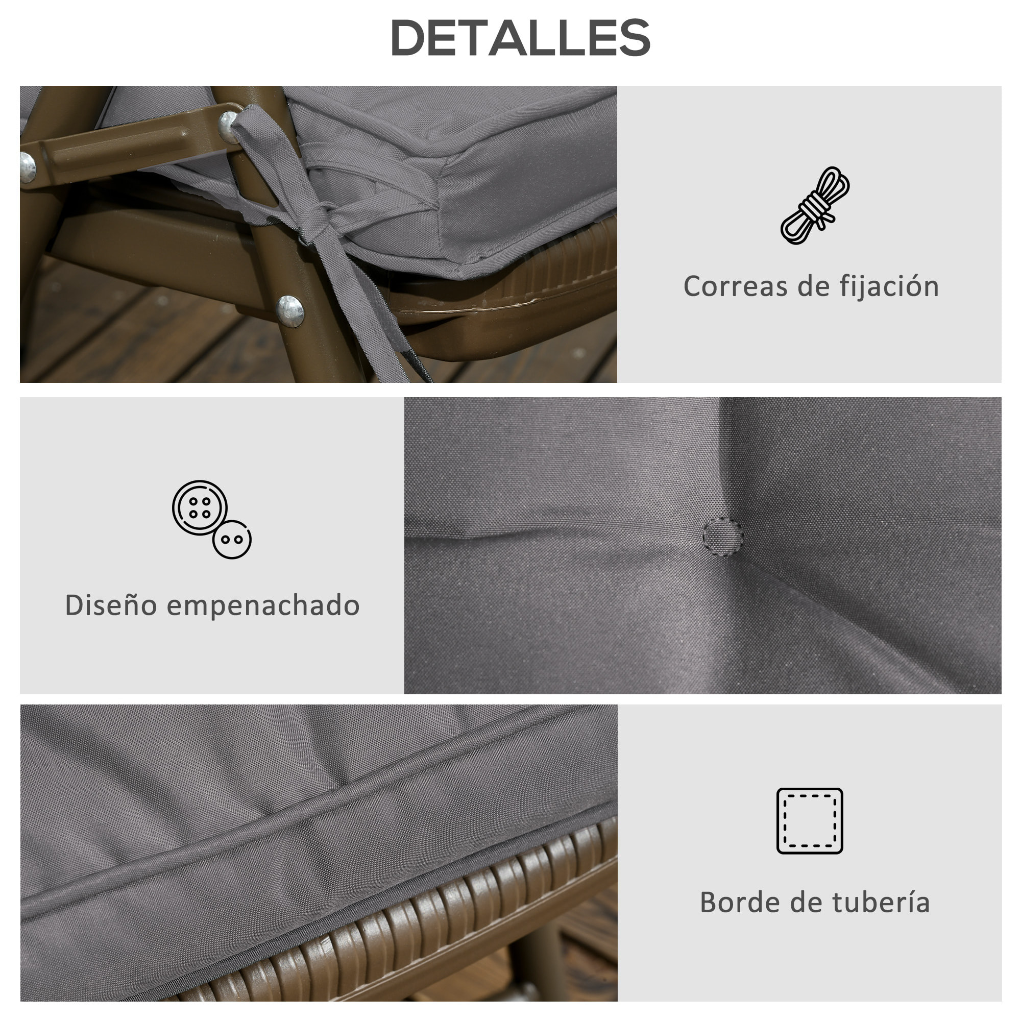 Conjunto de Cojines para Sillas de Comedor 42x42x5 cm Juego de 4 Piezas Cojines para Sillas de Jardín Impermeable con 2 Amarres de Fijación Gris Oscuro