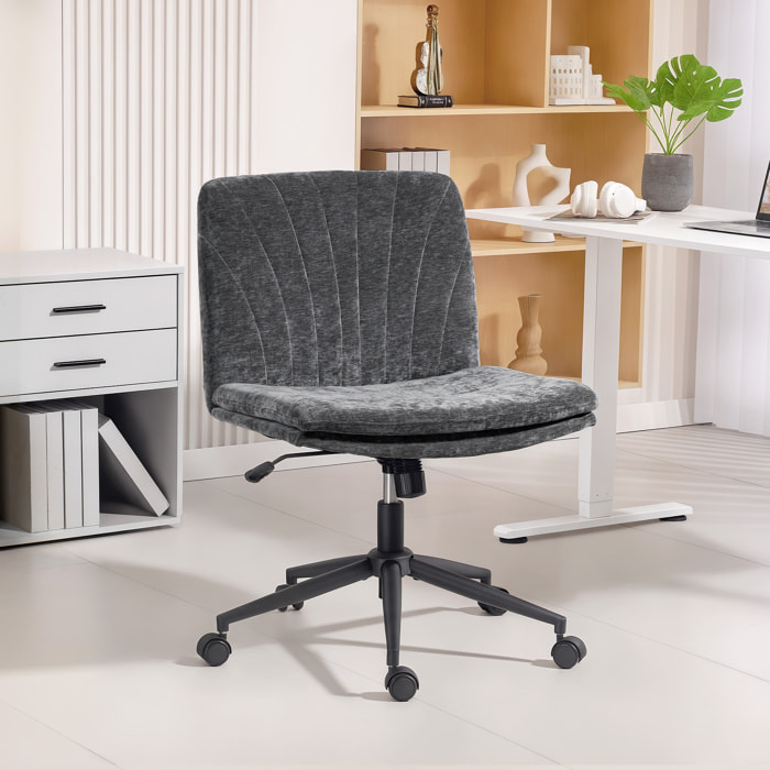 Silla de Oficina Piernas Cruzadas, Silla de Escritorio con Asiento Ancho, sin Reposabrazos, Ruedas, Altura Ajustable, Giratoria, Función Basculante, Tapizada en Chenilla, Gris