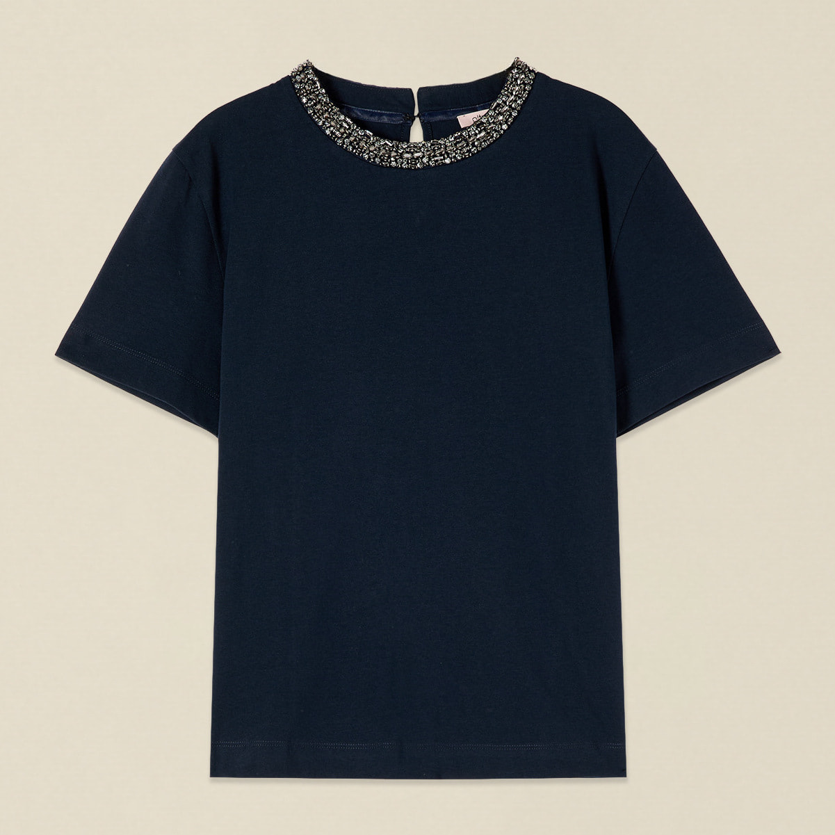 Oltre - T-shirt in cotone con collo gioiello - Blu