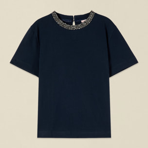Oltre - T-shirt in cotone con collo gioiello - Blu