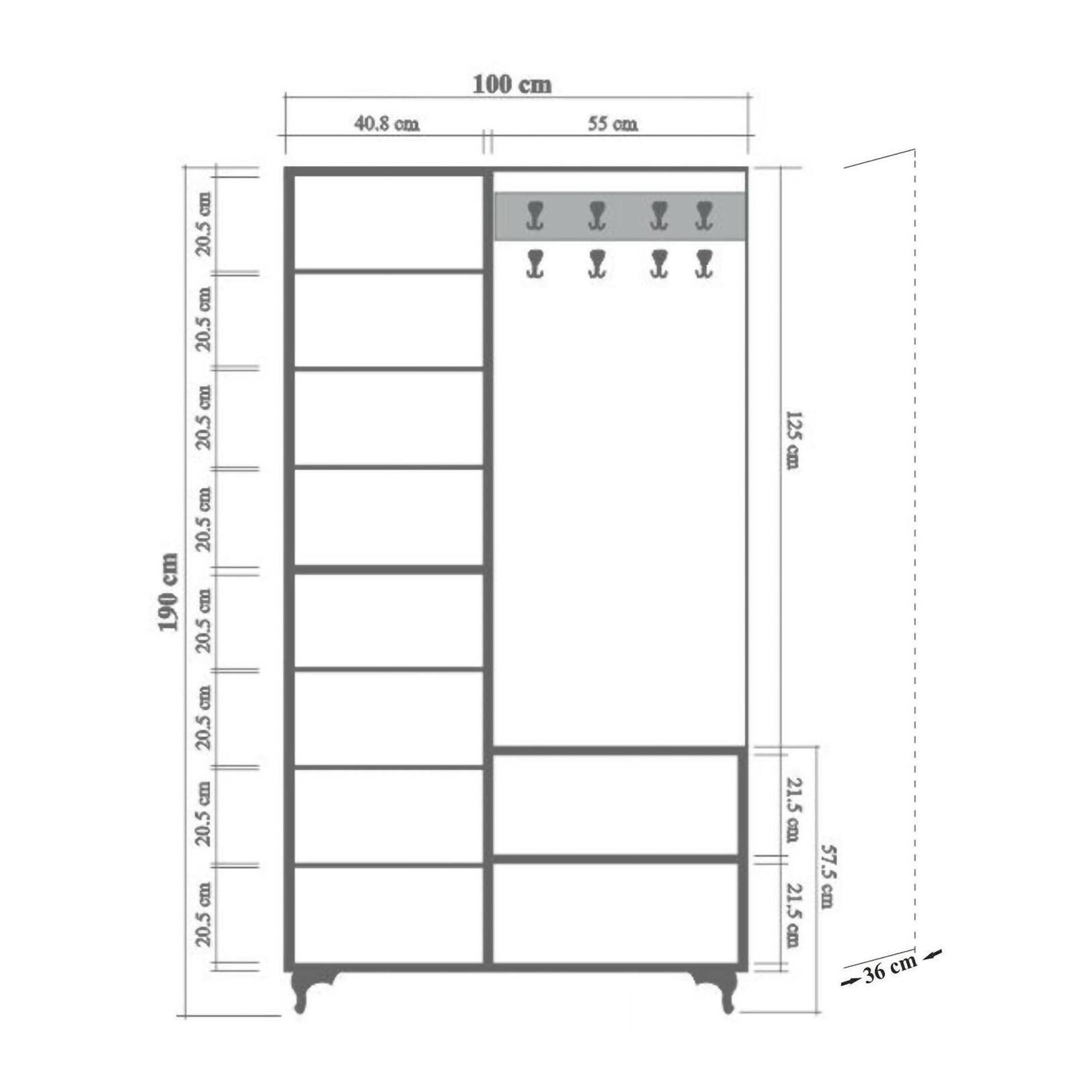Mobile da ingresso Sugilite, Entratina appendiabiti, Composizione per atrio, Consolle portaoggetti multifunzione, 100x36h190 cm, Quercia e Multicolore