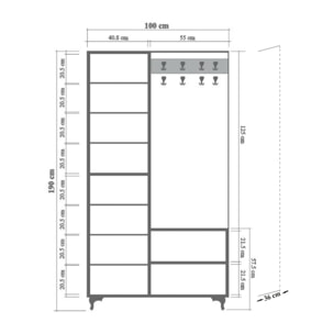Mobile da ingresso Sugilite, Entratina appendiabiti, Composizione per atrio, Consolle portaoggetti multifunzione, 100x36h190 cm, Quercia e Multicolore