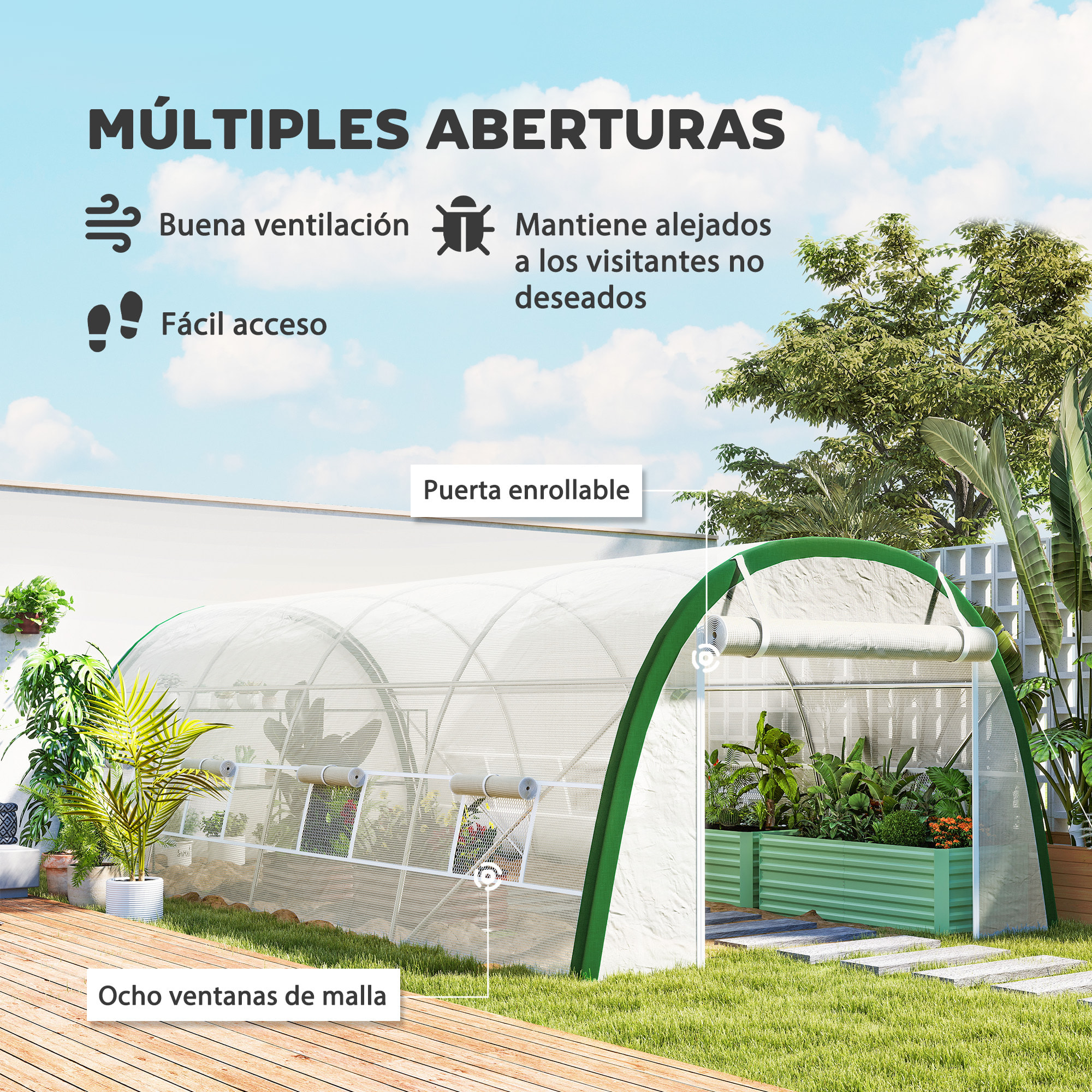 Invernadero de Exterior 6x3x2 m, Invernadero de Túnel con Puerta Enrollable, 8 Ventanas de Malla, Cubierta PE 140g/m², Marco de Acero Galvanizado, Anti-UV, para Cultivos, Plantas, Blanco