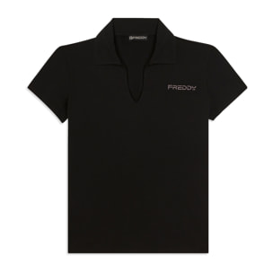 T-shirt Manica Corta con Scollo a V e Collo a Camicia