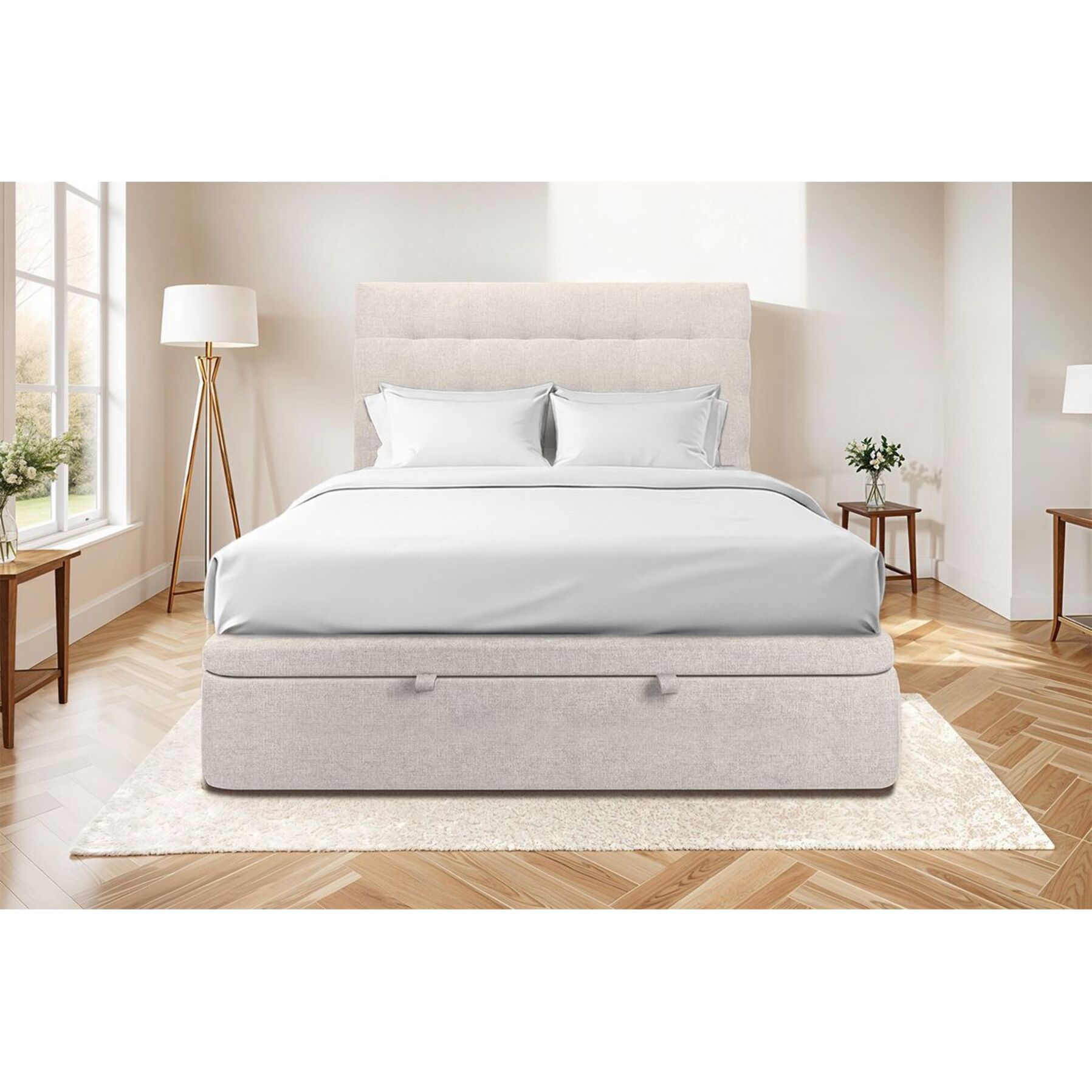 Lit coffre avec tête de lit capitonnée Tissu