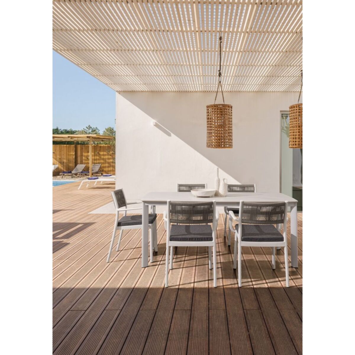 Tavolo fisso ALCORA in pietra naturale e struttura in alluminio bianca 180x90 cm