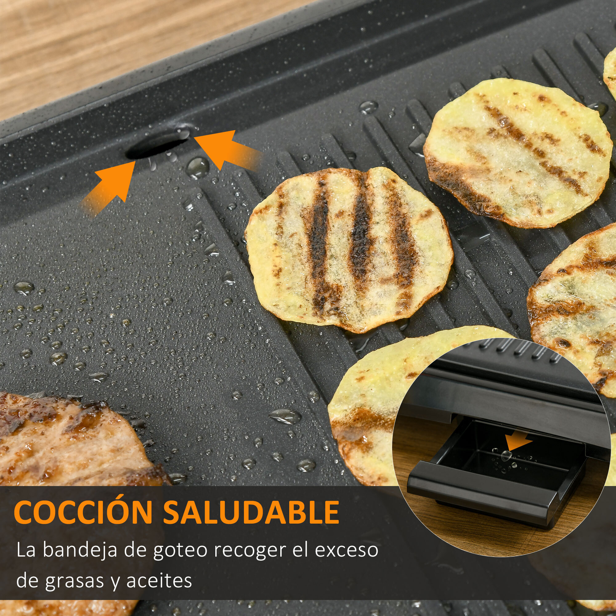 Plancha de Asar Eléctrica Cocina 1600W Aluminio con Temperatura Regulable Superficie de 40,6x25,2 cm Revestimiento Antiadherente y Bandeja de Goteo 53,5x31x8 cm Negro